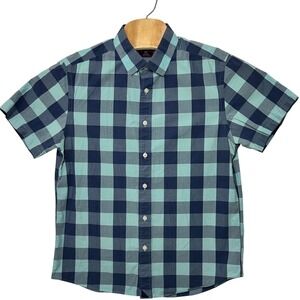 UNTUCKit Quintus Blue Teal Buffalo Check Slim Fit Short Sleeve Cotton Shirt L